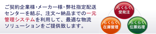 ＷＥＢ物流システムで、お得意先様、メーカー様、デポを結ぶ注文～納品までの一元管理システム。